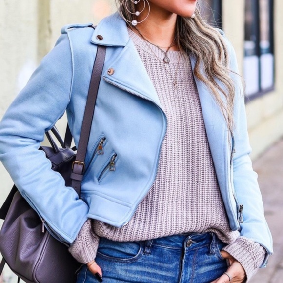 superdown Jackets & Blazers - Superdown x Revolve Light Blue Faux Suede Moto Biker Jacket XS